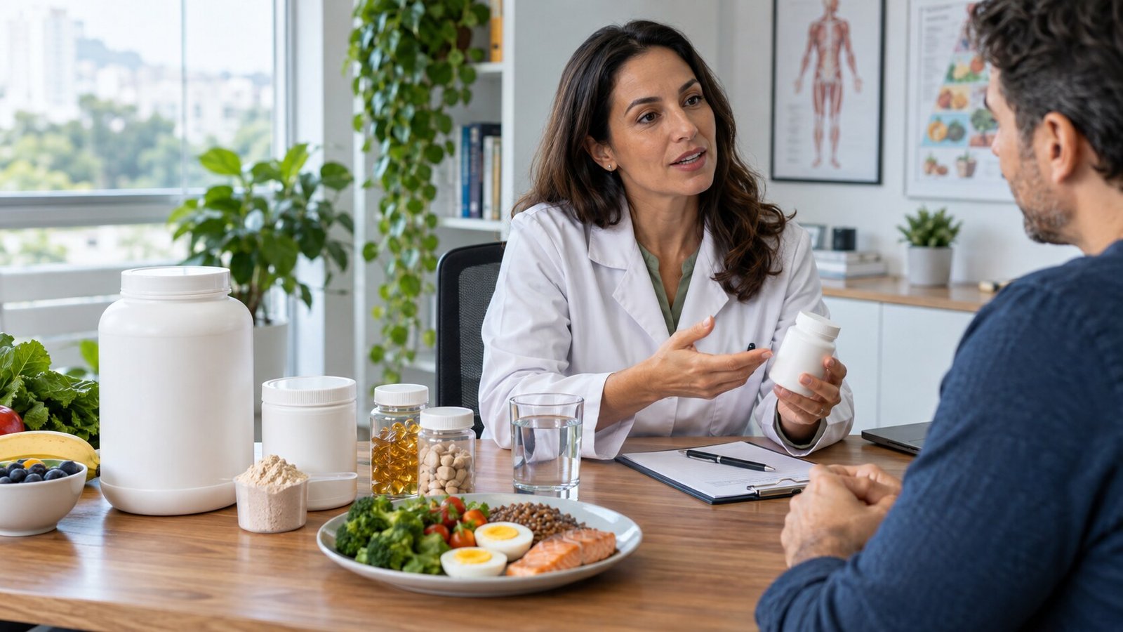 Profissional de saúde orienta paciente sobre suplementos alimentares e alimentação equilibrada