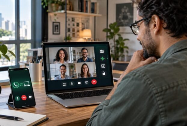 Profissional participa de chamada em grupo pelo WhatsApp no computador e no celular