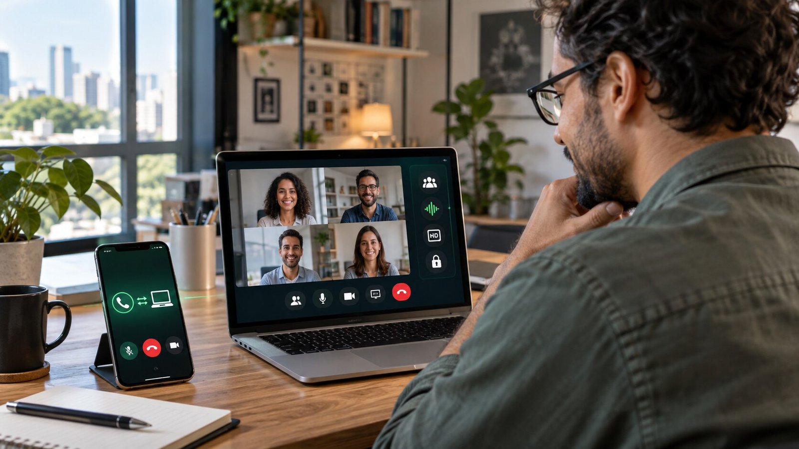 Profissional participa de chamada em grupo pelo WhatsApp no computador e no celular