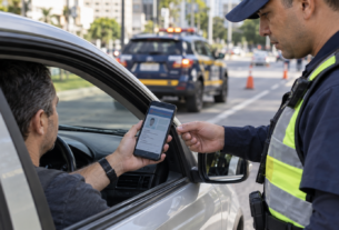 Motorista apresenta a CNH Digital pelo celular durante uma fiscalização de trânsito