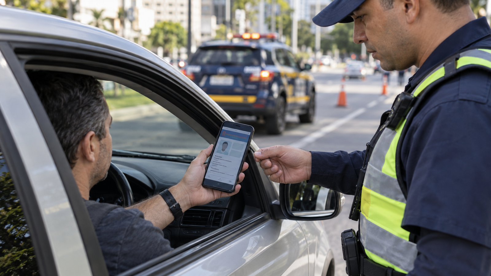 Motorista apresenta a CNH Digital pelo celular durante uma fiscalização de trânsito