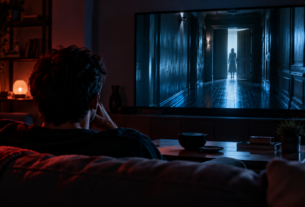 Pessoa assiste, em uma sala escura, a uma cena misteriosa exibida na televisão
