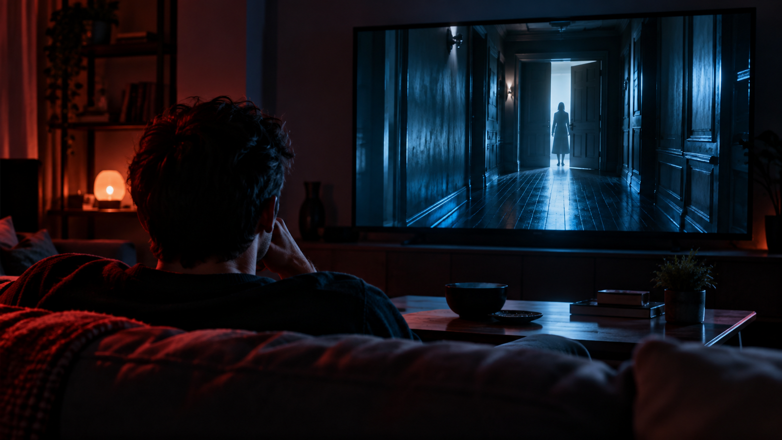 Pessoa assiste, em uma sala escura, a uma cena misteriosa exibida na televisão