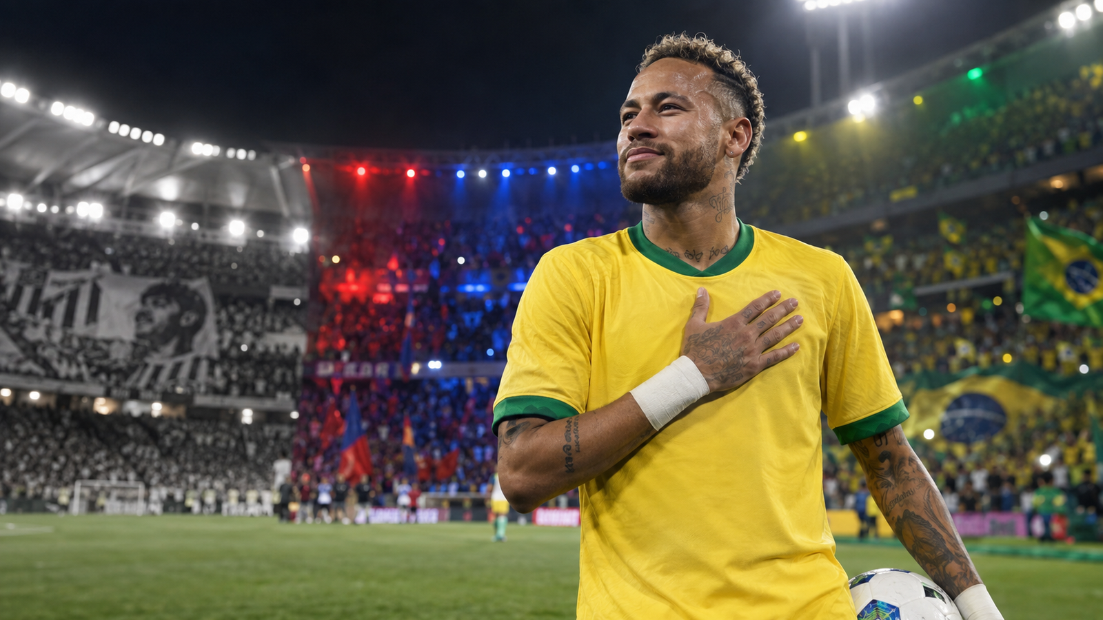 Neymar em campo representando seus recordes pelo Santos, pela Seleção Brasileira e no futebol europeu