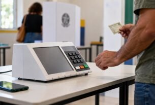 Urna eletrônica diante de mapa do Brasil em ambiente de apuração das Eleições 2026